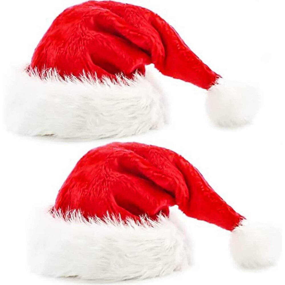 2pcs Fluffy Red Santa Hats Set with Plush Brim and Liner for Adults Men Women -
